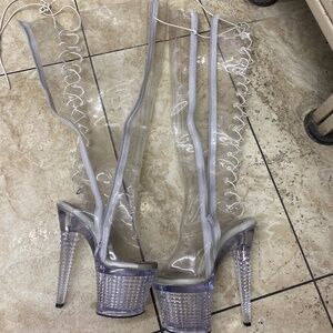 Clear thigh high lace up pleasers open toe 7
